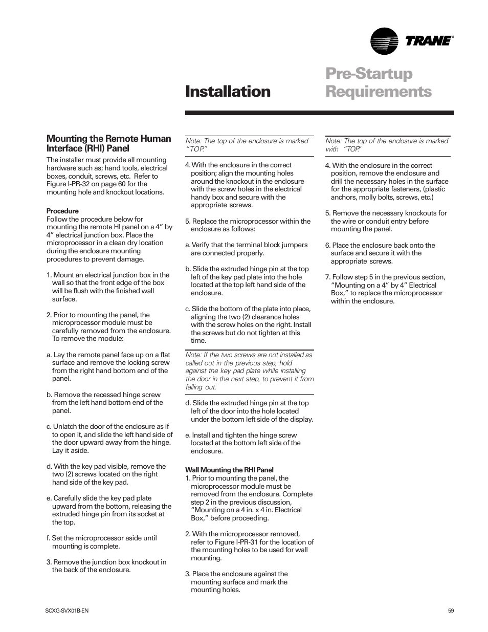 Pre-startup requirements, Installation, Mounting the remote human interface (rhi) panel | Trane IntelliPak SCWG 020 User Manual | Page 59 / 124