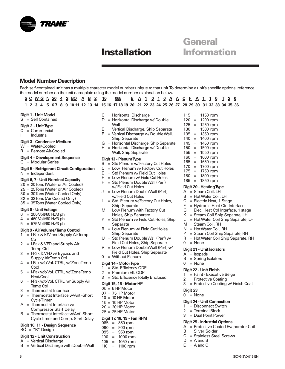 Installation general information, Model number description | Trane IntelliPak SCWG 020 User Manual | Page 6 / 124