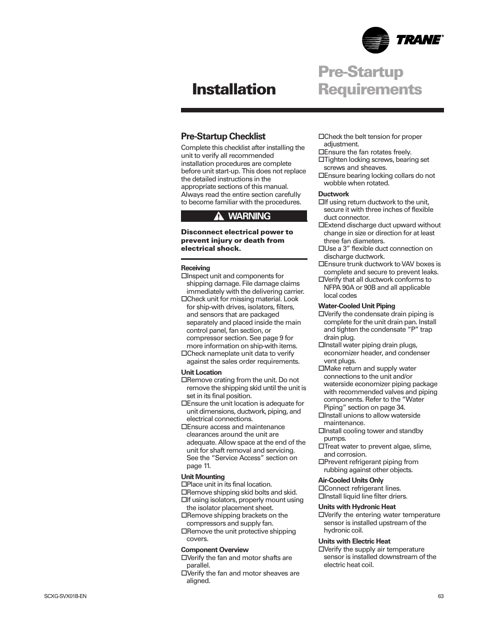 Pre-startup requirements installation | Trane IntelliPak SCWG 020 User Manual | Page 63 / 124