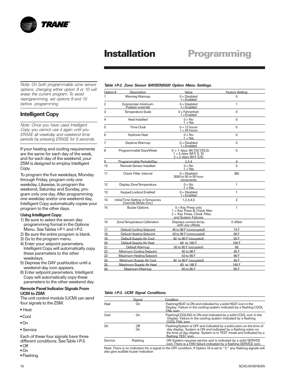 Programming installation, Intelligent copy | Trane IntelliPak SCWG 020 User Manual | Page 70 / 124