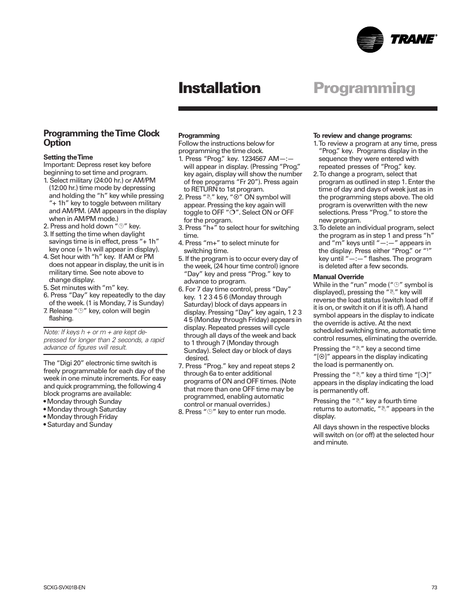 Programming installation, Programming the time clock option | Trane IntelliPak SCWG 020 User Manual | Page 73 / 124