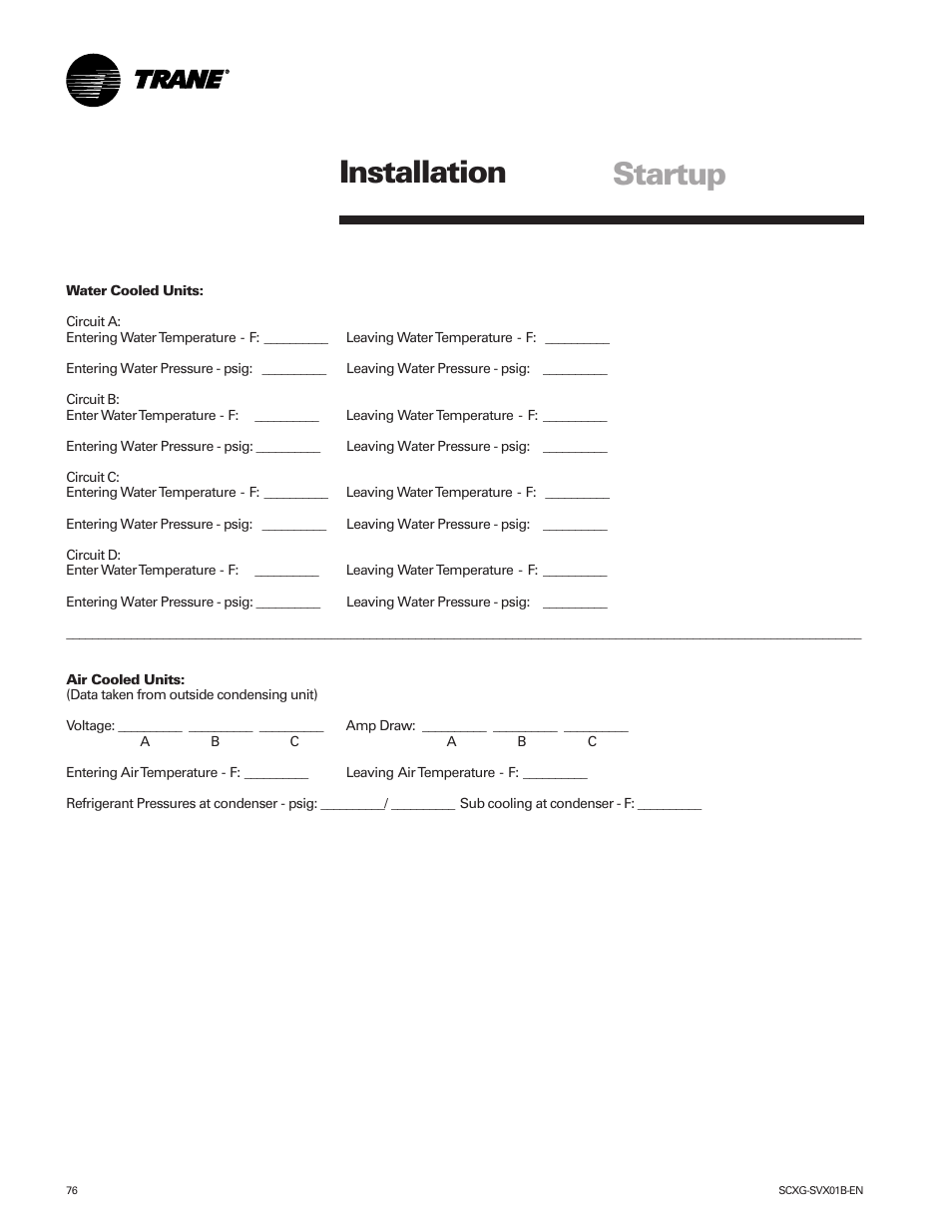 Installation startup | Trane IntelliPak SCWG 020 User Manual | Page 76 / 124