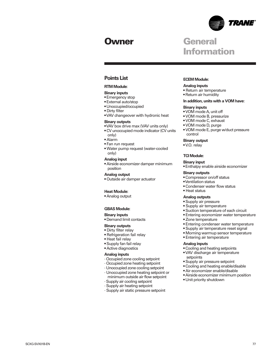 Owner, General information, Owner general information | Trane IntelliPak SCWG 020 User Manual | Page 77 / 124