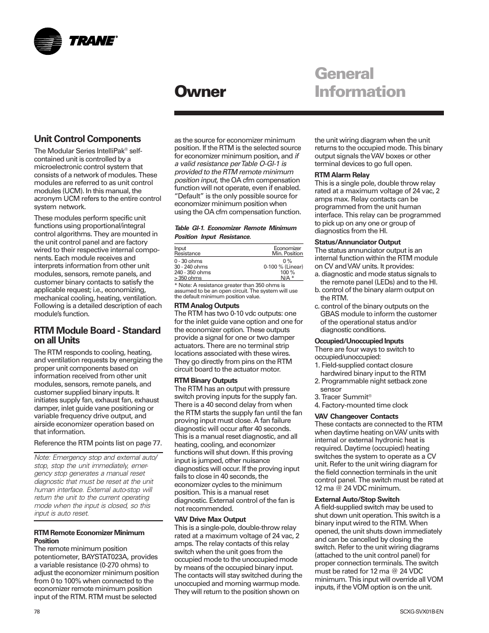 Owner general information, Unit control components, Rtm module board - standard on all units | Trane IntelliPak SCWG 020 User Manual | Page 78 / 124