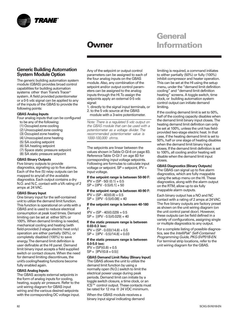 Owner general information, Generic building automation system module option | Trane IntelliPak SCWG 020 User Manual | Page 82 / 124