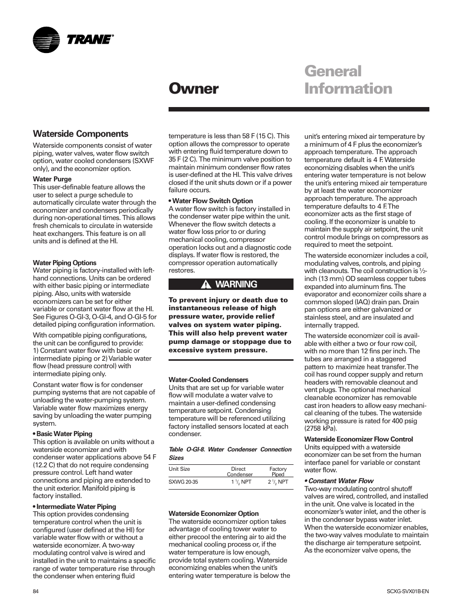 Owner general information, Waterside components, Ƽwarning | Trane IntelliPak SCWG 020 User Manual | Page 84 / 124