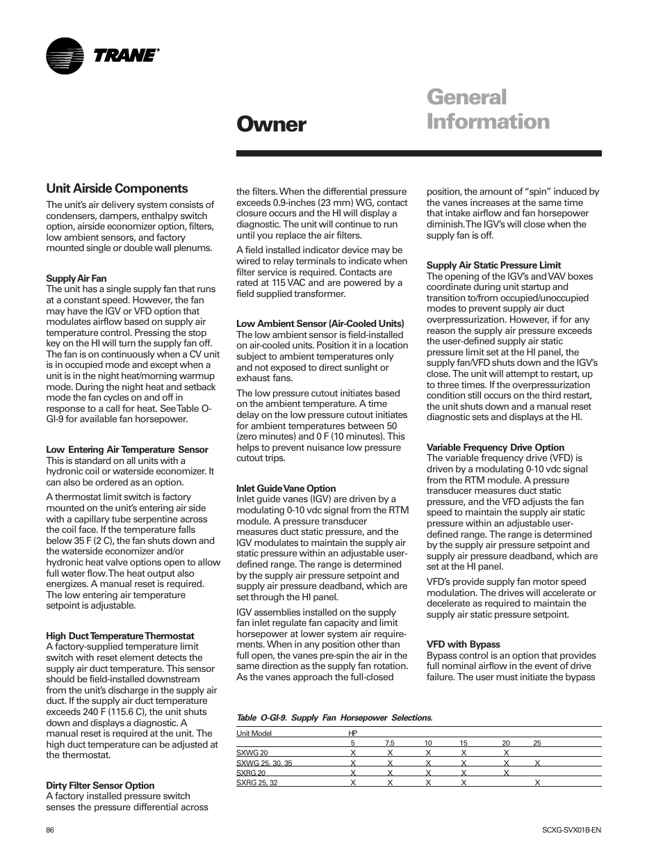 Owner, General information, Unit airside components | Trane IntelliPak SCWG 020 User Manual | Page 86 / 124
