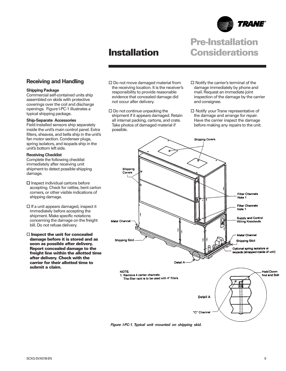 Pre-installation considerations, Installation | Trane IntelliPak SCWG 020 User Manual | Page 9 / 124