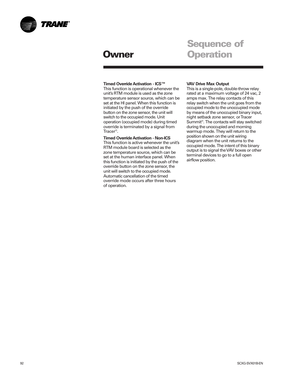 Owner sequence of operation | Trane IntelliPak SCWG 020 User Manual | Page 92 / 124