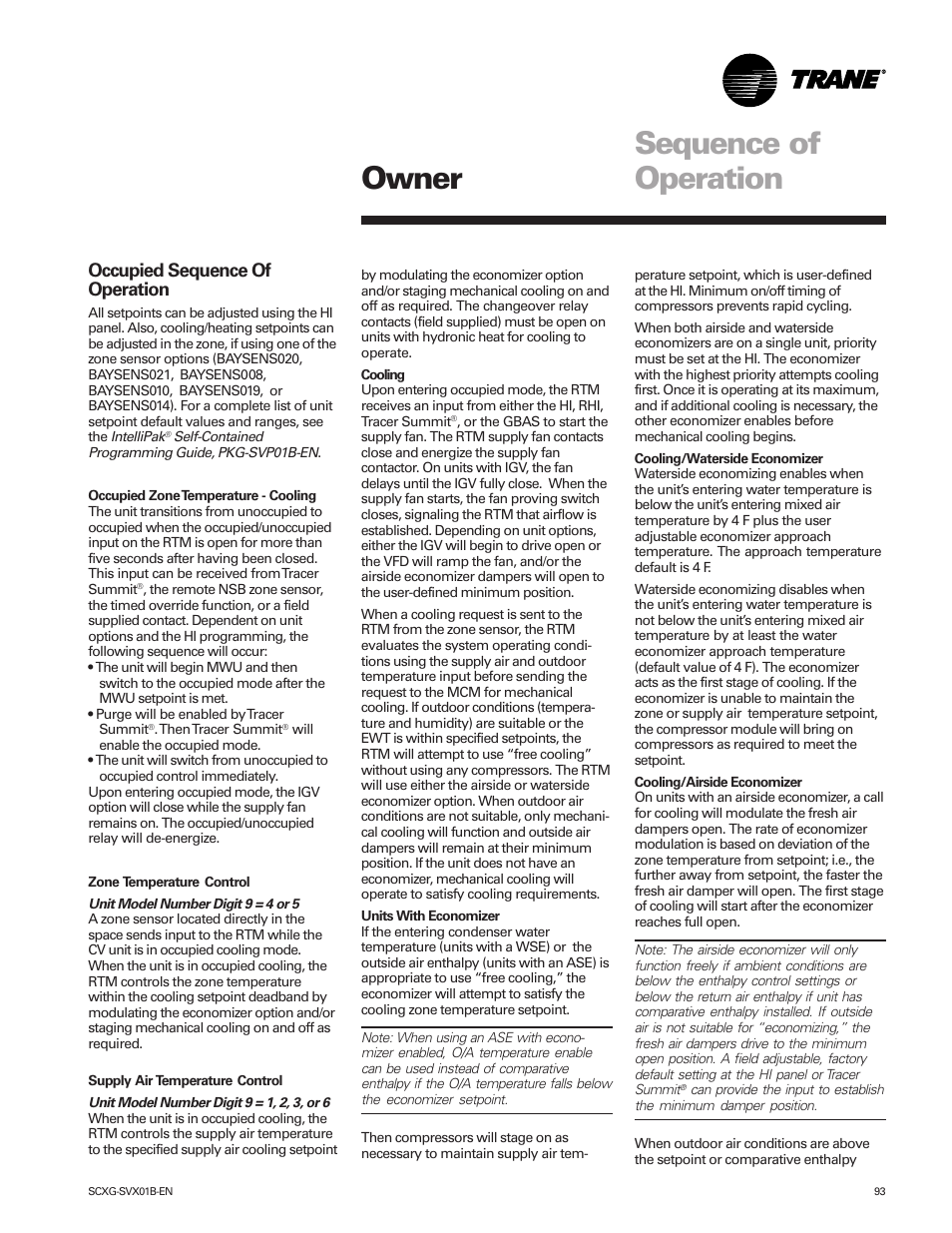 Owner sequence of operation, Occupied sequence of operation | Trane IntelliPak SCWG 020 User Manual | Page 93 / 124