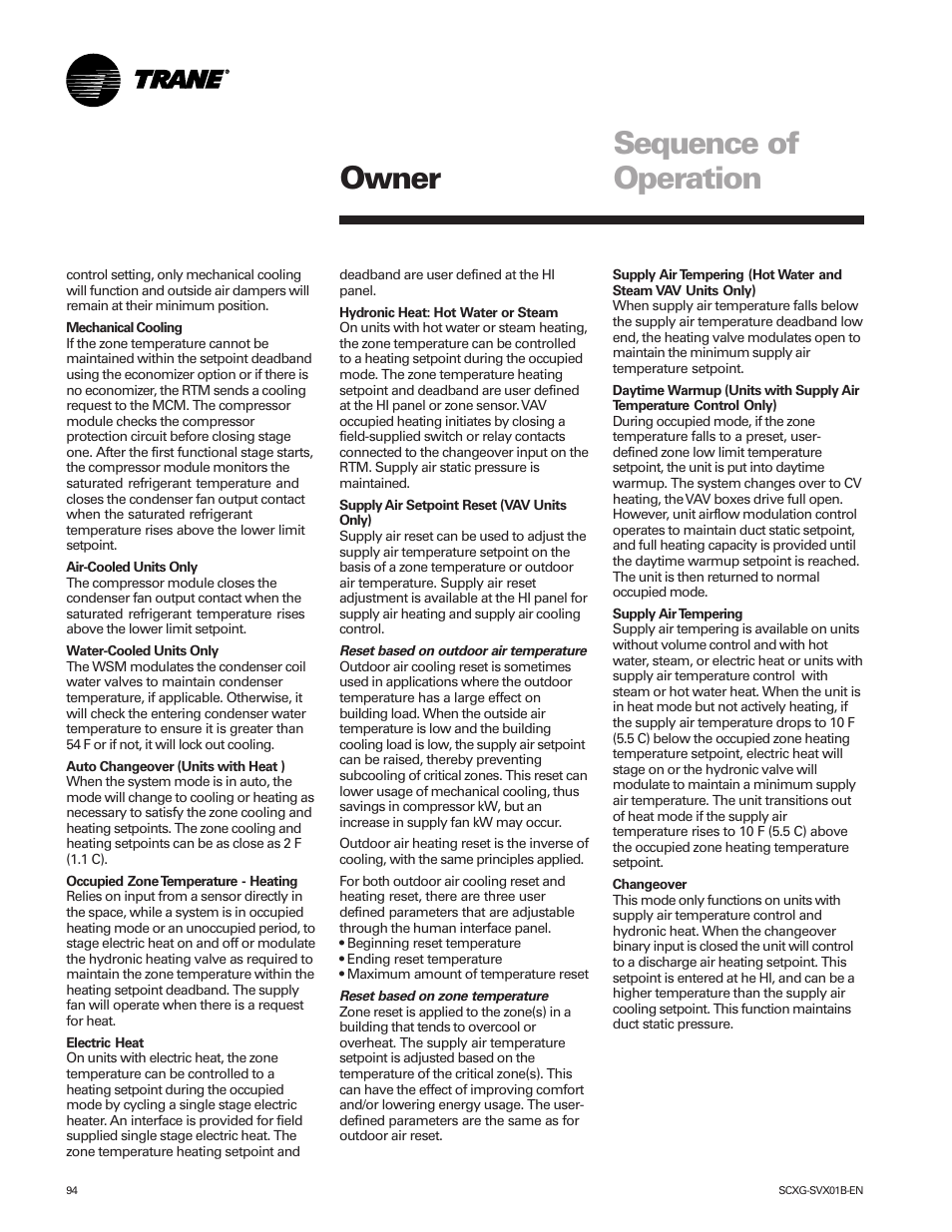 Owner sequence of operation | Trane IntelliPak SCWG 020 User Manual | Page 94 / 124