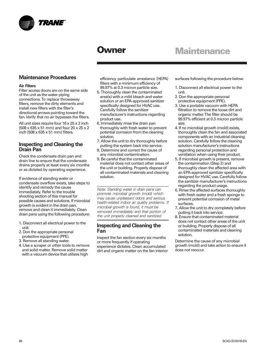 Maintenance, Owner maintenance | Trane IntelliPak SCWG 020 User Manual | Page 98 / 124