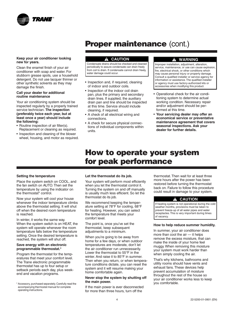 Peak performance, Proper maintenance (cont.), How to operate your system for peak performance | Trane 22-5200-01-0901 (EN) User Manual | Page 4 / 6