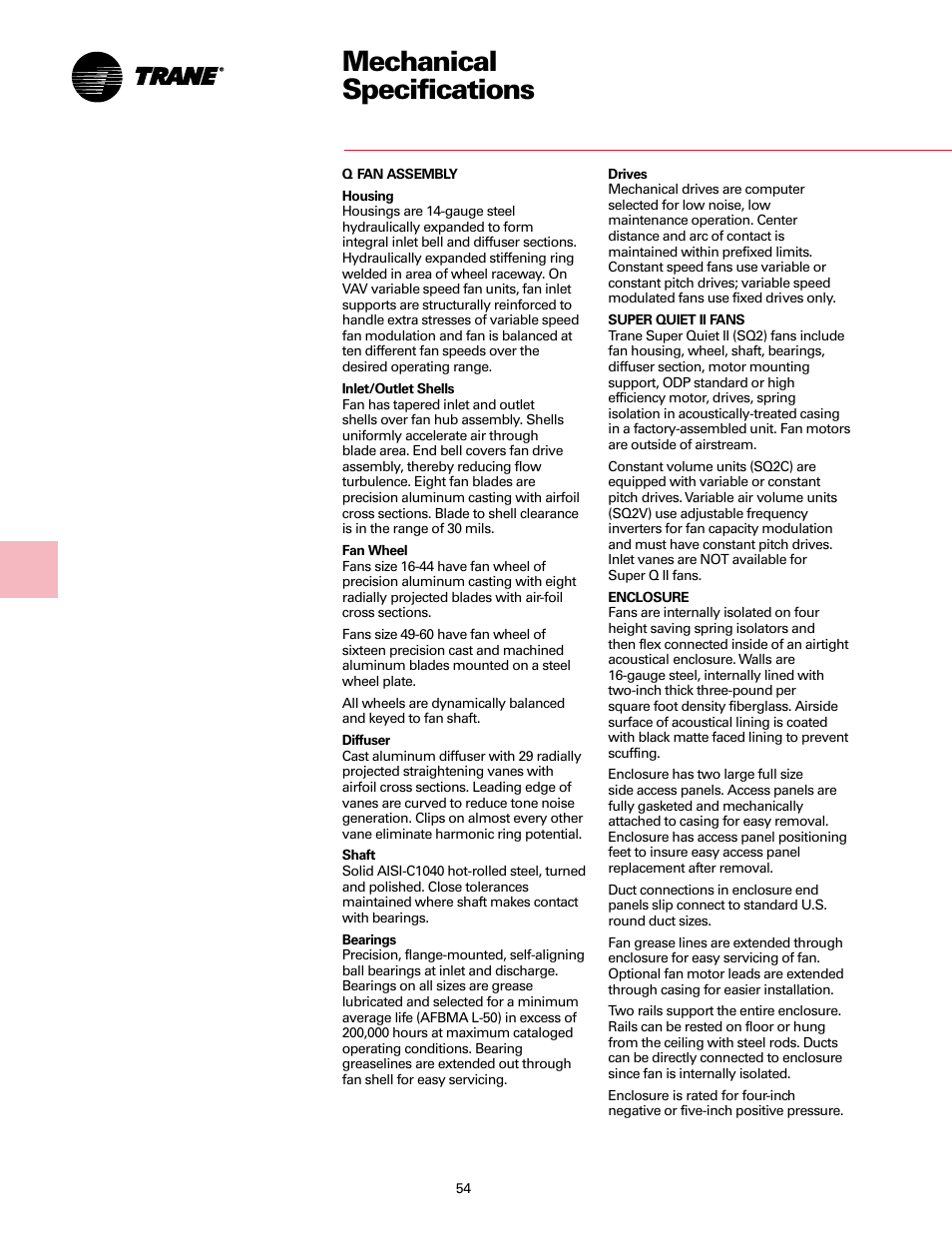 Mechanical specifications | Trane Fan User Manual | Page 54 / 56