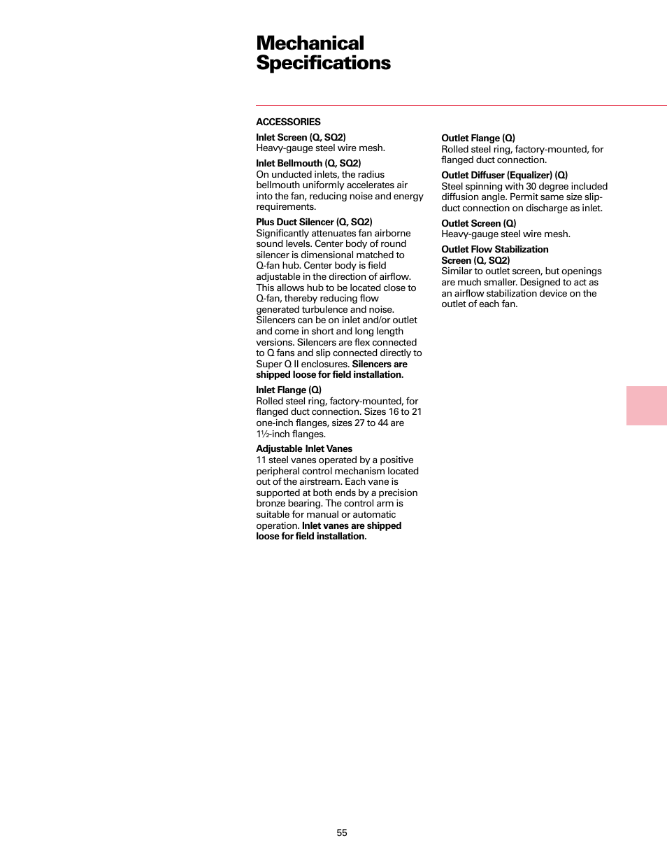 Mechanical specifications | Trane Fan User Manual | Page 55 / 56