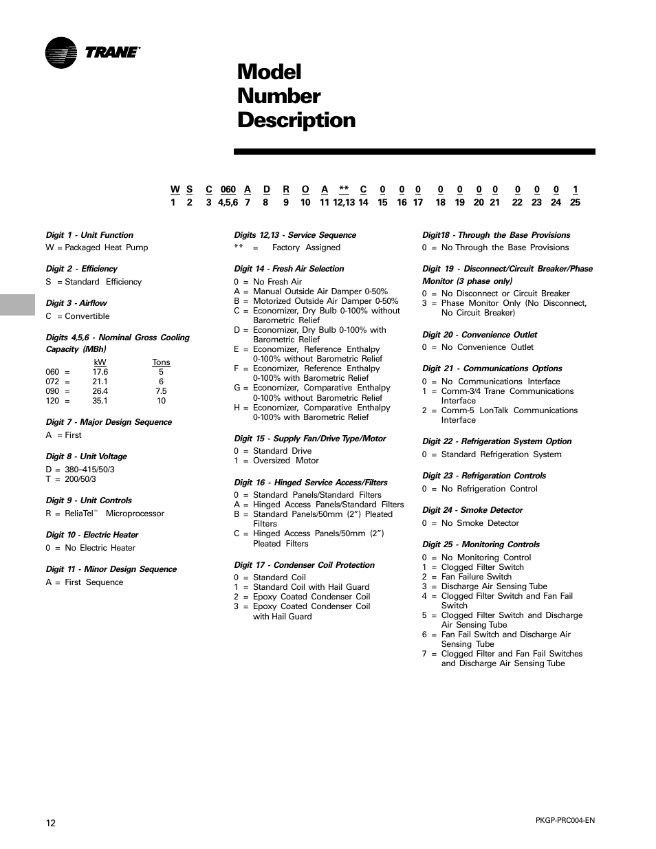 Model number description | Trane WSC060-120 User Manual | Page 12 / 52