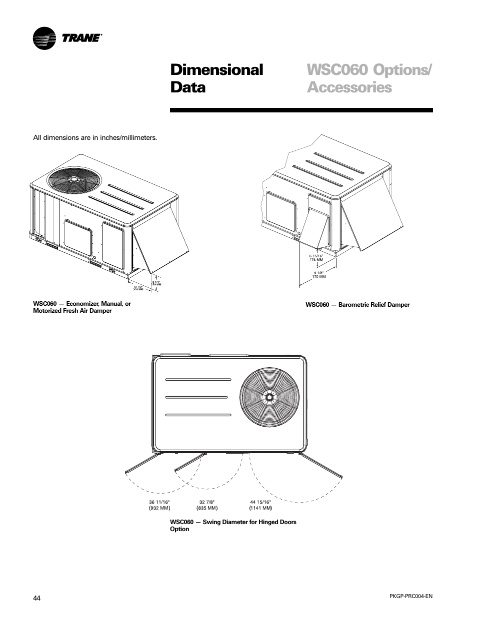 Wsc060 options/ accessories dimensional data | Trane WSC060-120 User Manual | Page 44 / 52