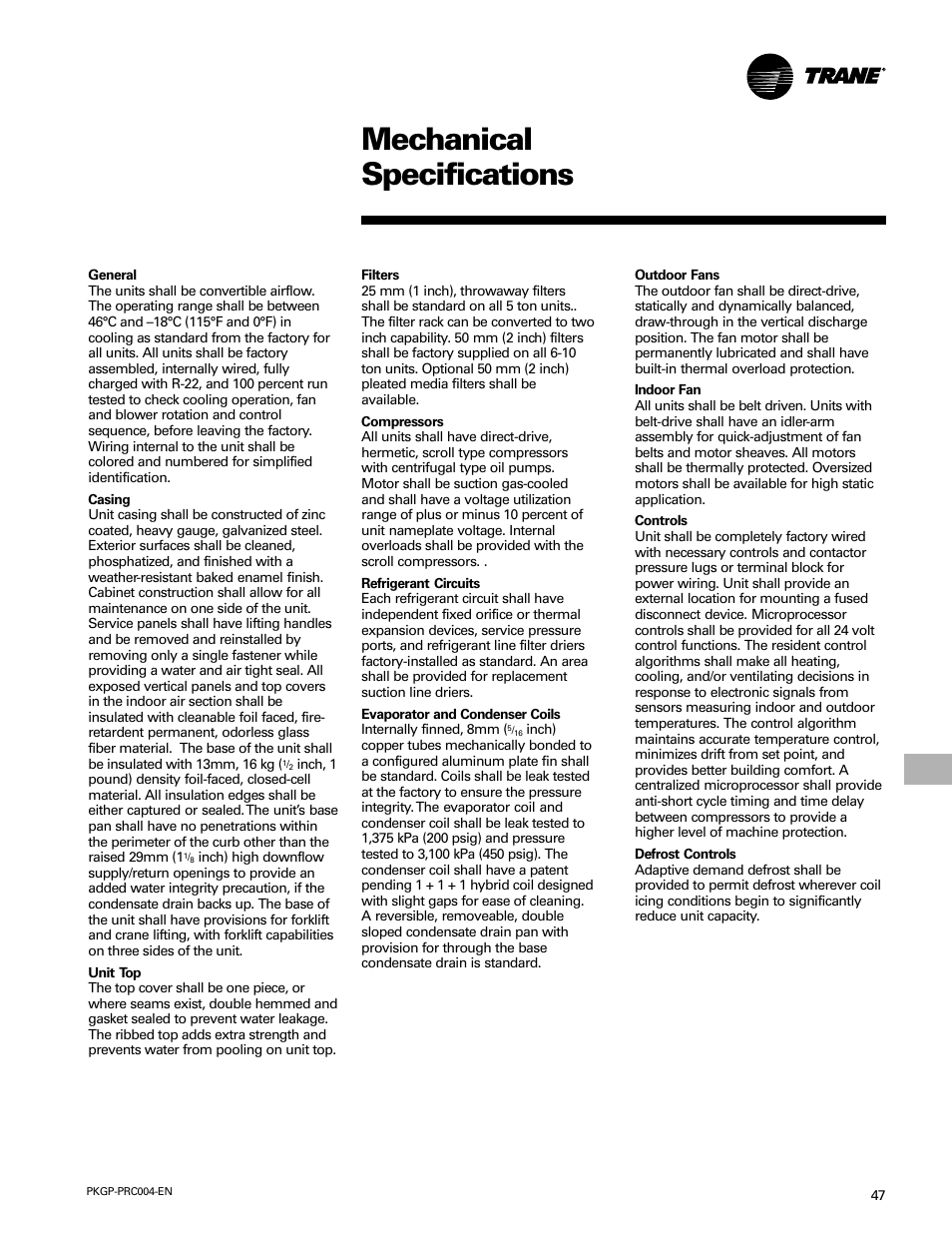 Mechanical specifications | Trane WSC060-120 User Manual | Page 47 / 52