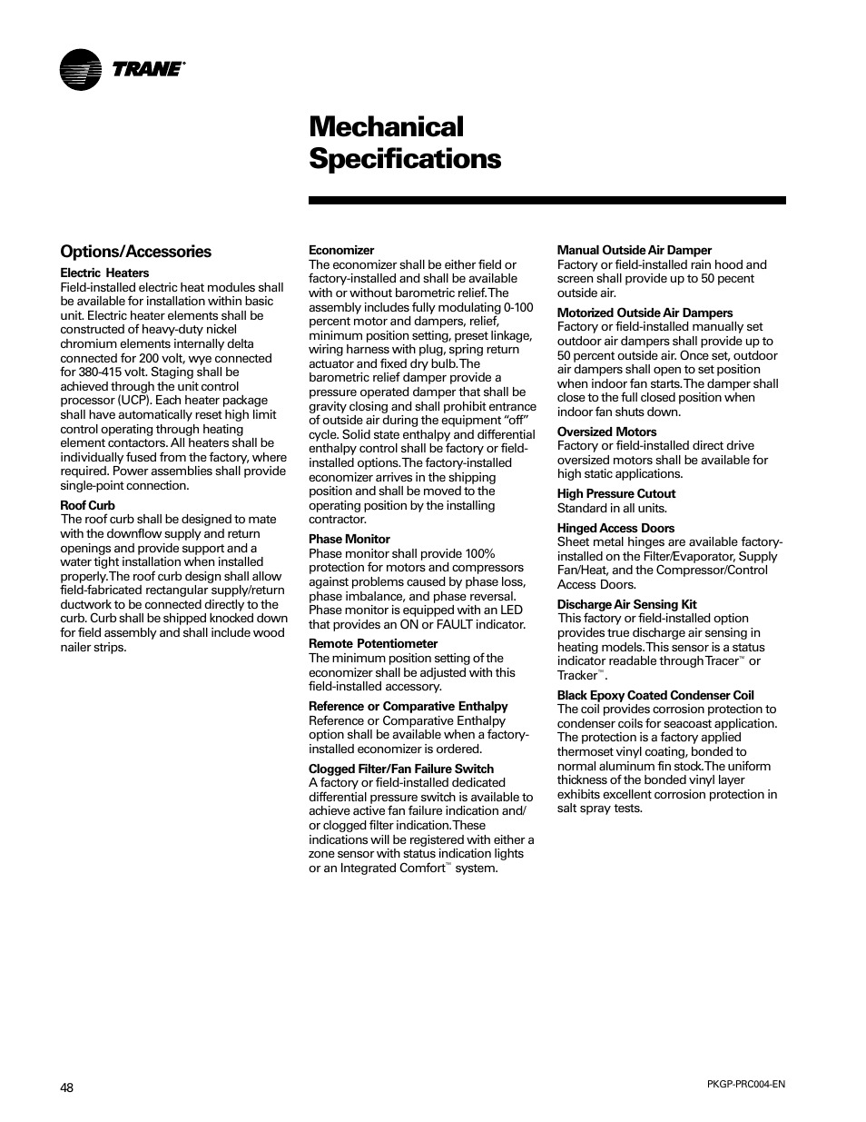 Mechanical specifications, Options/accessories | Trane WSC060-120 User Manual | Page 48 / 52