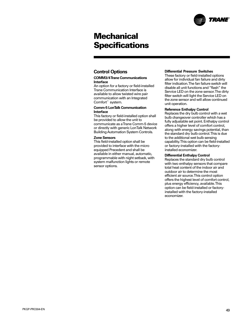 Mechanical specifications | Trane WSC060-120 User Manual | Page 49 / 52