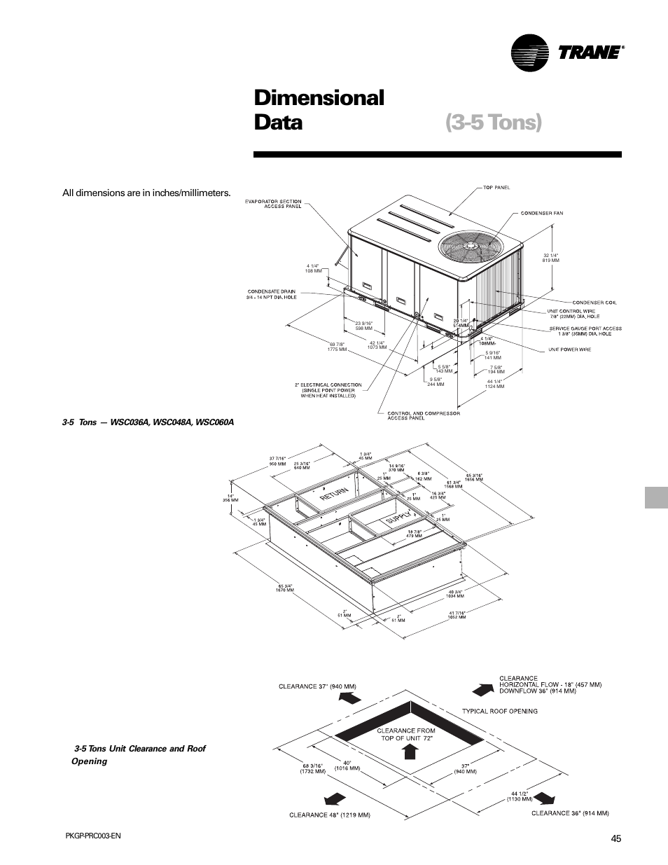 Dimensional data, Dimension and weights, 5 tons) | All dimensions are in inches/millimeters | Trane PKGP-PRC003-EN User Manual | Page 45 / 56