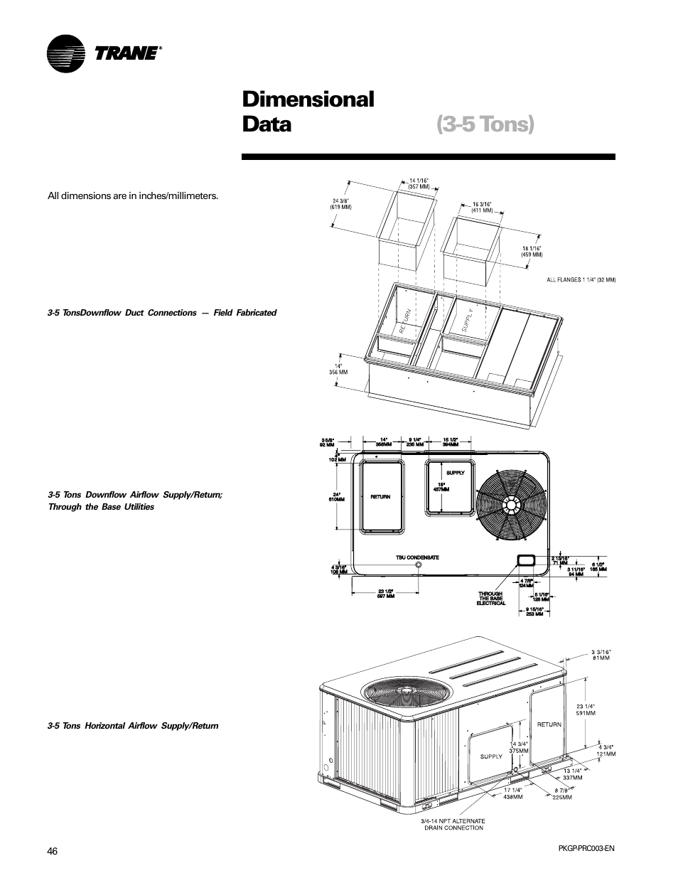 Dimensional data, 5 tons) | Trane PKGP-PRC003-EN User Manual | Page 46 / 56