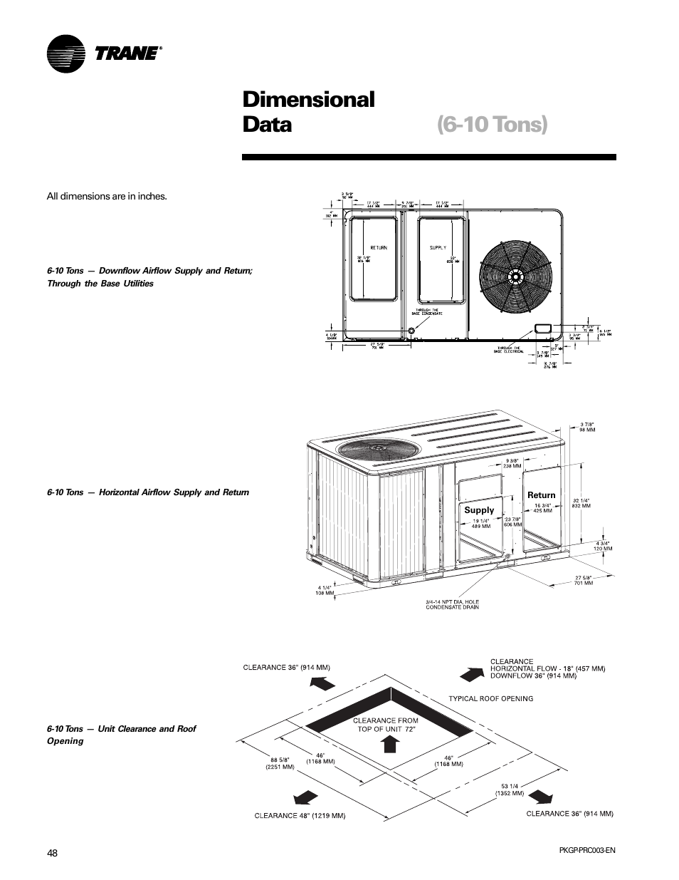 Dimensional data (6-10 tons) | Trane PKGP-PRC003-EN User Manual | Page 48 / 56