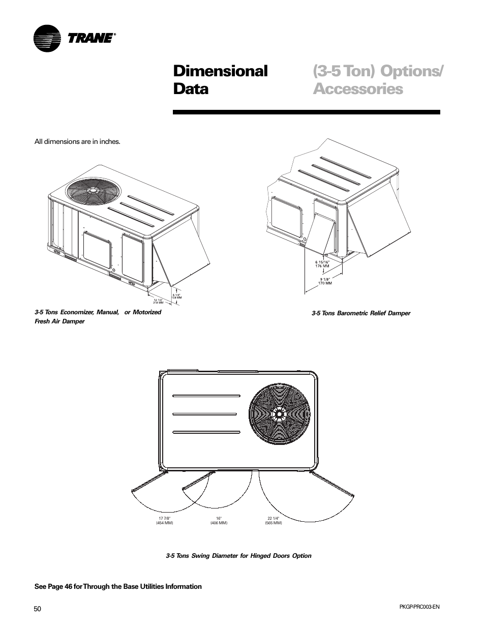 5 ton) options/ accessories dimensional data | Trane PKGP-PRC003-EN User Manual | Page 50 / 56