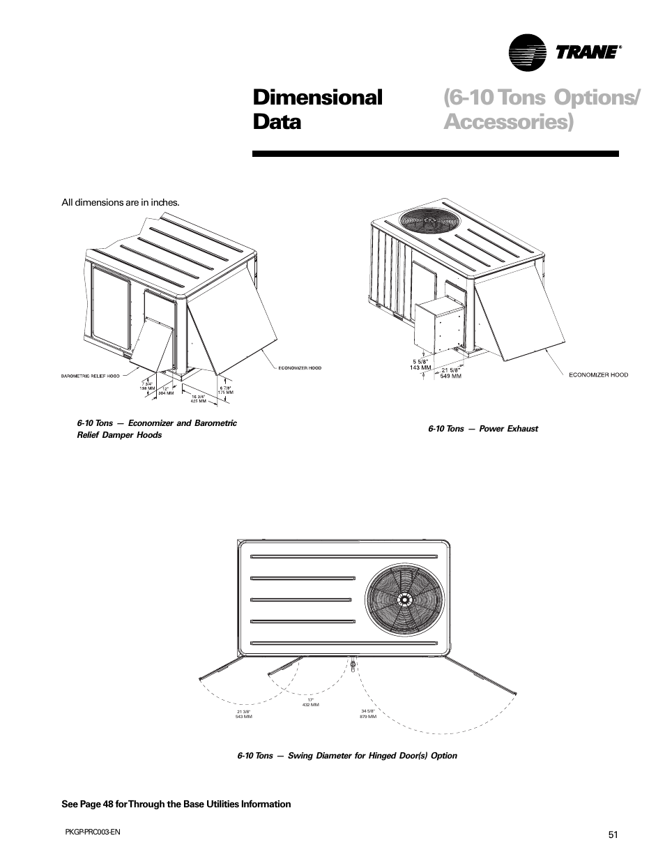 Dimensional data (6-10 tons options/ accessories) | Trane PKGP-PRC003-EN User Manual | Page 51 / 56