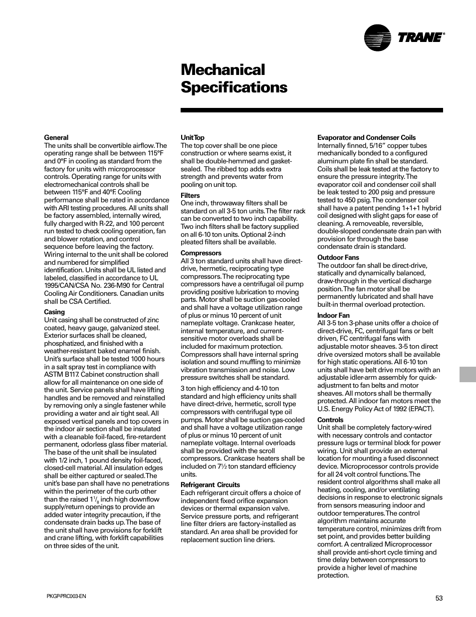 Mechanical specifications | Trane PKGP-PRC003-EN User Manual | Page 53 / 56