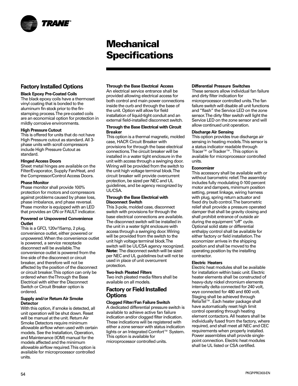 Mechanical specifications | Trane PKGP-PRC003-EN User Manual | Page 54 / 56