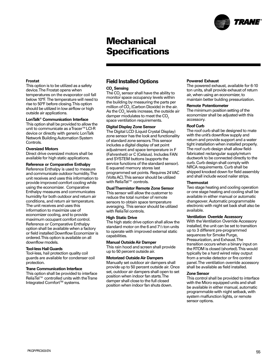 Mechanical specifications, Field installed options | Trane PKGP-PRC003-EN User Manual | Page 55 / 56