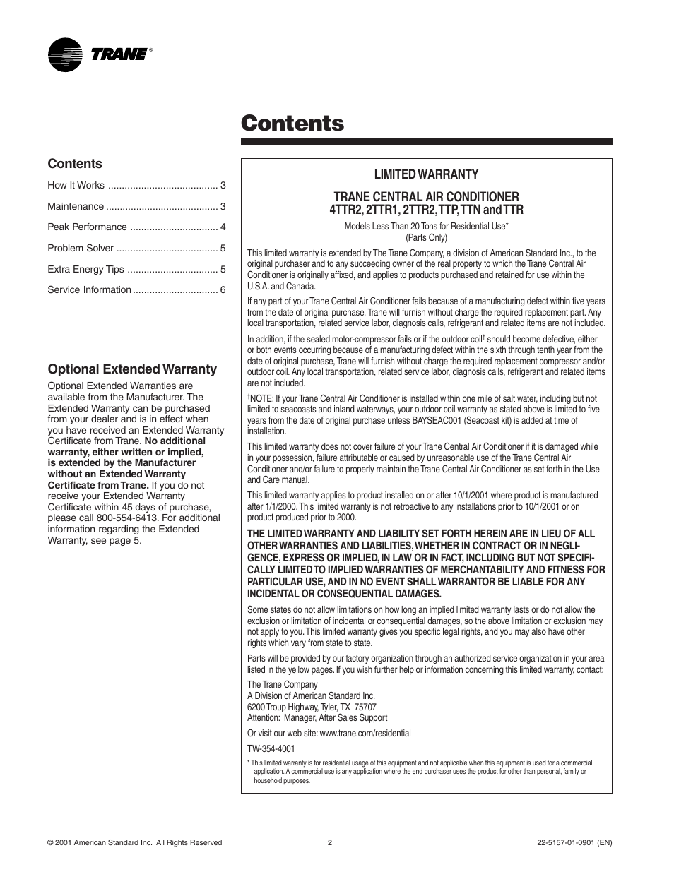 Trane Central Air Conditioning User Manual | Page 2 / 6