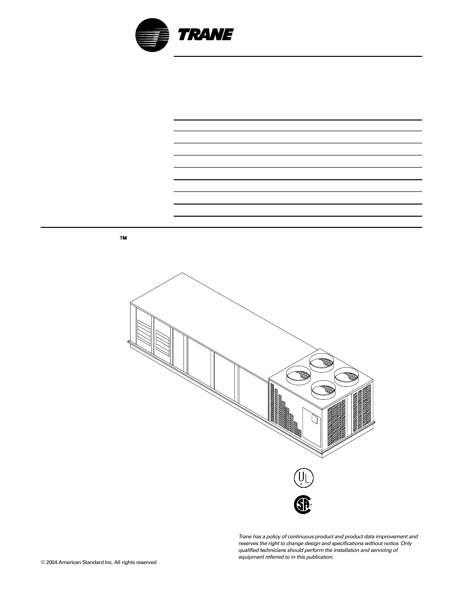 Trane INTELLIPAK ™ ™ ™ ™ ™ Commercial Single-Zone Rooftop Air Conditioners with CV or VAV Control User Manual | 118 pages