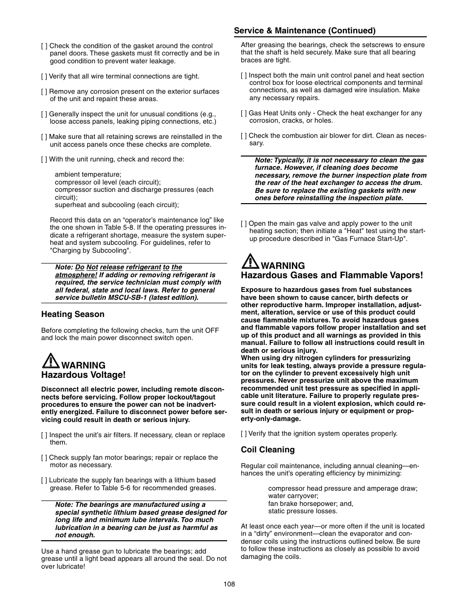 Heating season coil cleaning, Warning hazardous voltage, Warning hazardous gases and flammable vapors | Trane INTELLIPAK ™ ™ ™ ™ ™ Commercial Single-Zone Rooftop Air Conditioners with CV or VAV Control User Manual | Page 110 / 118