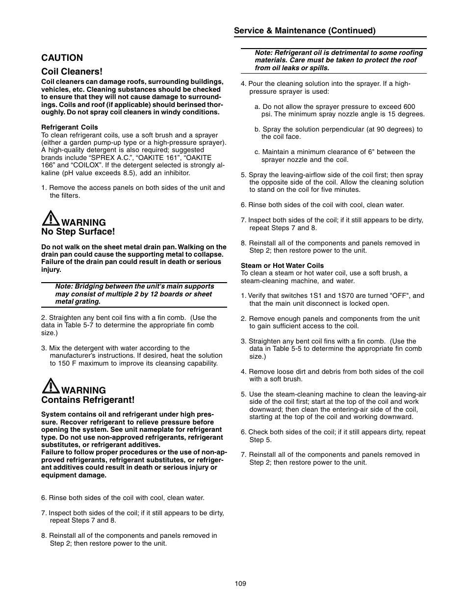 Final process, Caution coil cleaners, Warning no step surface | Warning contains refrigerant | Trane INTELLIPAK ™ ™ ™ ™ ™ Commercial Single-Zone Rooftop Air Conditioners with CV or VAV Control User Manual | Page 111 / 118