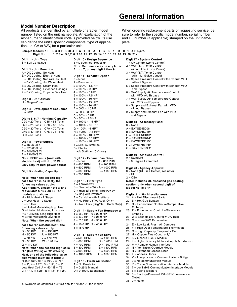 Section two, General information, Model number description | Trane INTELLIPAK ™ ™ ™ ™ ™ Commercial Single-Zone Rooftop Air Conditioners with CV or VAV Control User Manual | Page 4 / 118