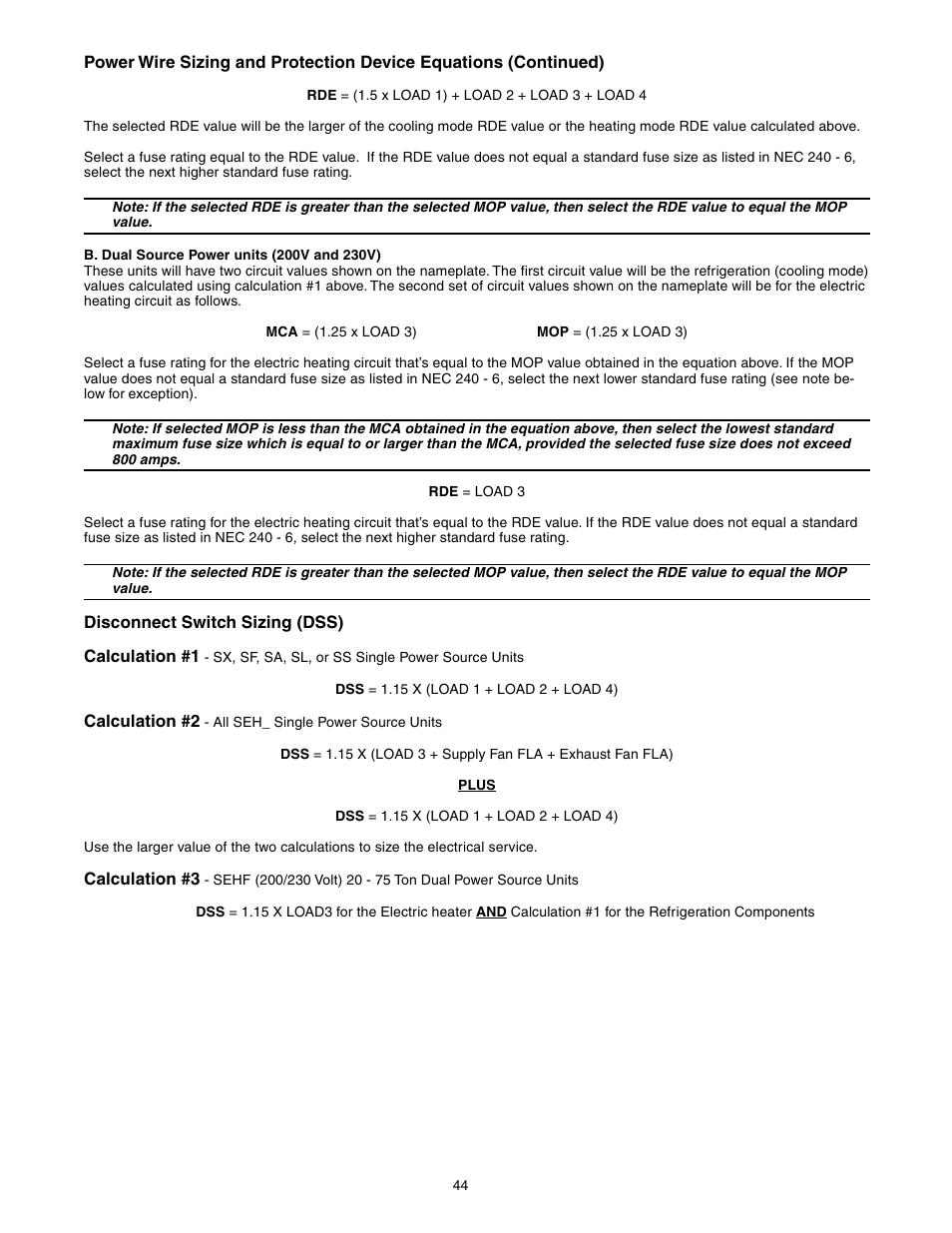 Disconnect switch sizing (dss) | Trane INTELLIPAK ™ ™ ™ ™ ™ Commercial Single-Zone Rooftop Air Conditioners with CV or VAV Control User Manual | Page 45 / 118