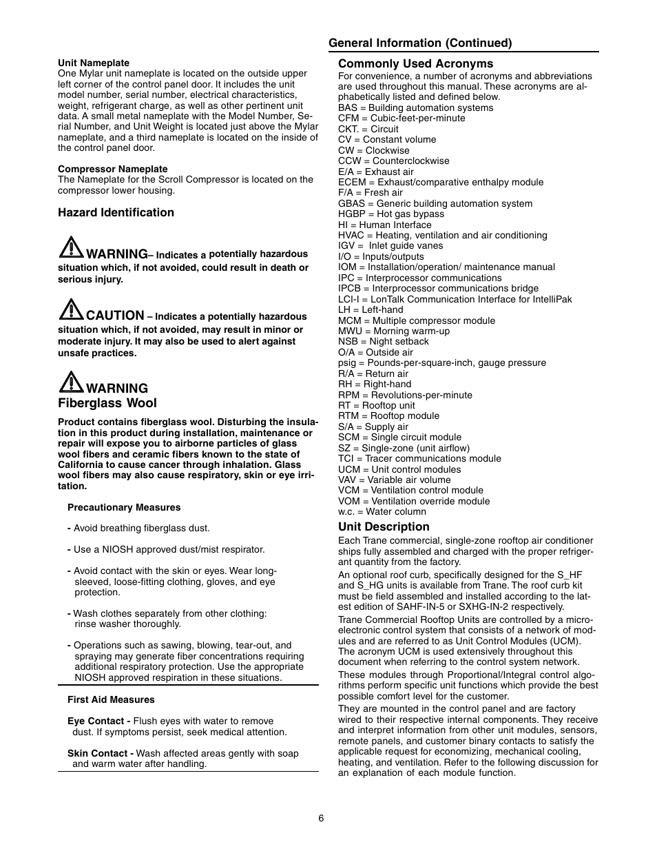 Trane INTELLIPAK ™ ™ ™ ™ ™ Commercial Single-Zone Rooftop Air Conditioners with CV or VAV Control User Manual | Page 6 / 118