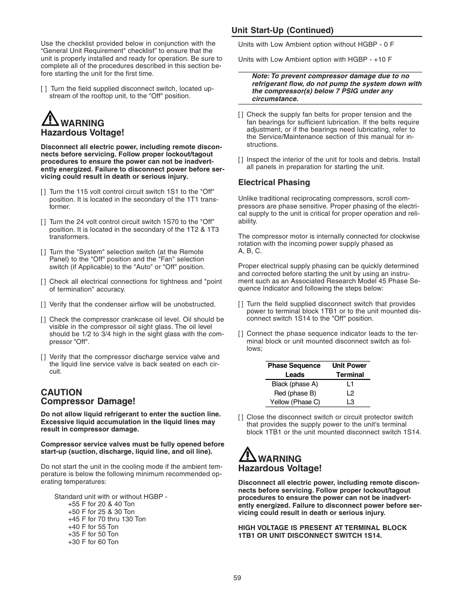 Electrical phasing, Warning hazardous voltage, Caution compressor damage | Trane INTELLIPAK ™ ™ ™ ™ ™ Commercial Single-Zone Rooftop Air Conditioners with CV or VAV Control User Manual | Page 61 / 118