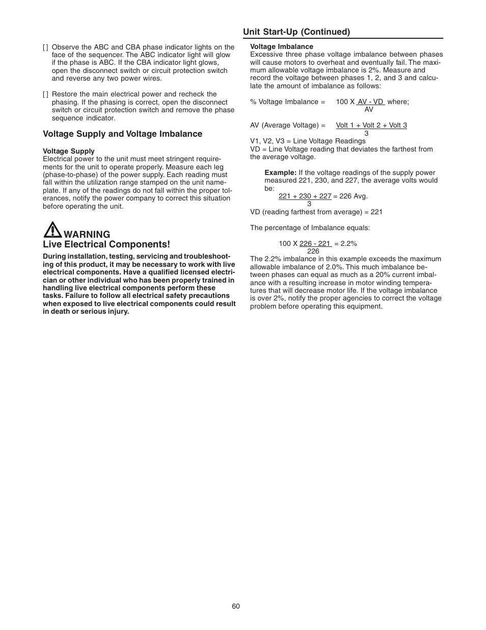 Voltage supply and voltage imbalance, Warning live electrical components | Trane INTELLIPAK ™ ™ ™ ™ ™ Commercial Single-Zone Rooftop Air Conditioners with CV or VAV Control User Manual | Page 62 / 118