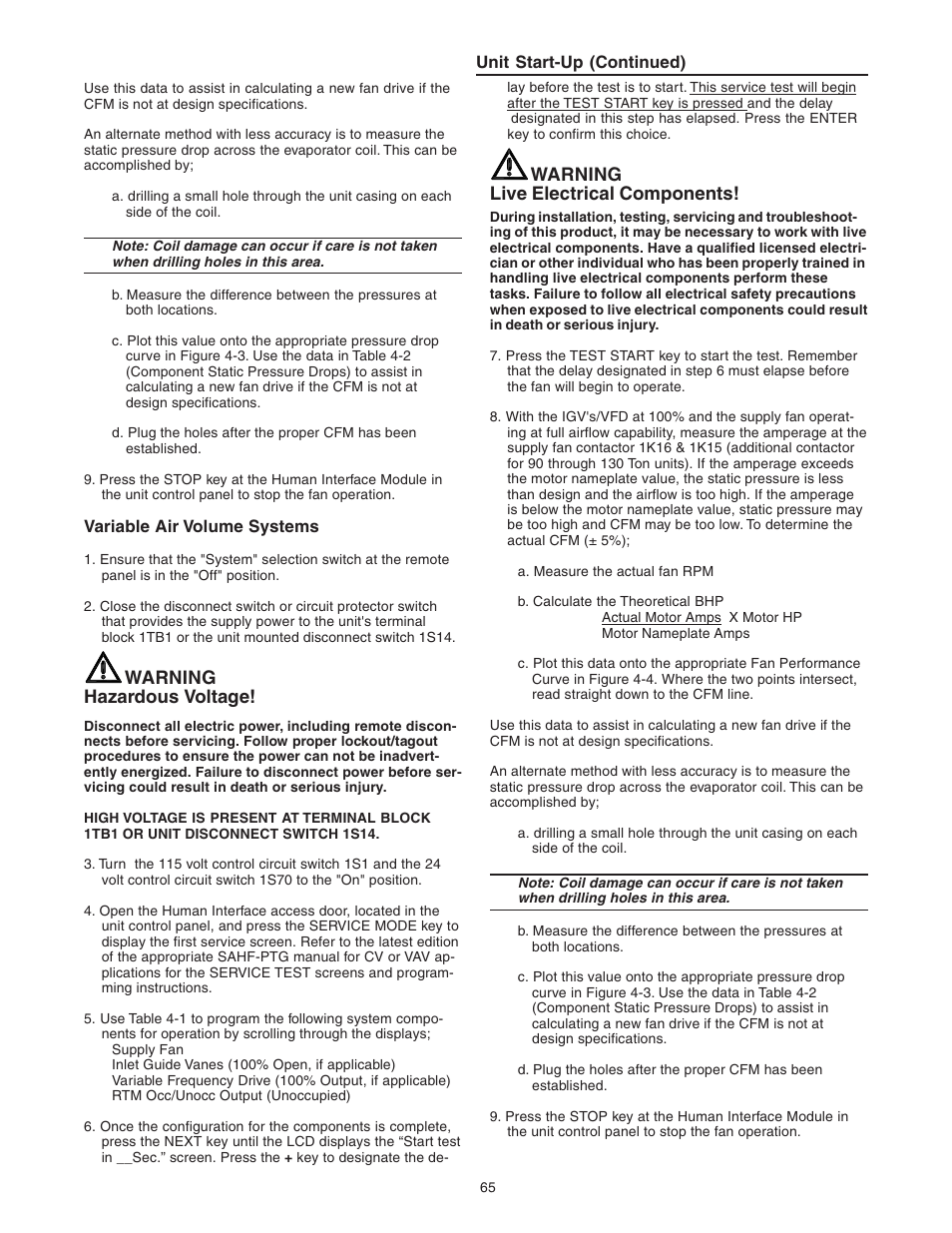 Warning hazardous voltage, Warning live electrical components | Trane INTELLIPAK ™ ™ ™ ™ ™ Commercial Single-Zone Rooftop Air Conditioners with CV or VAV Control User Manual | Page 67 / 118