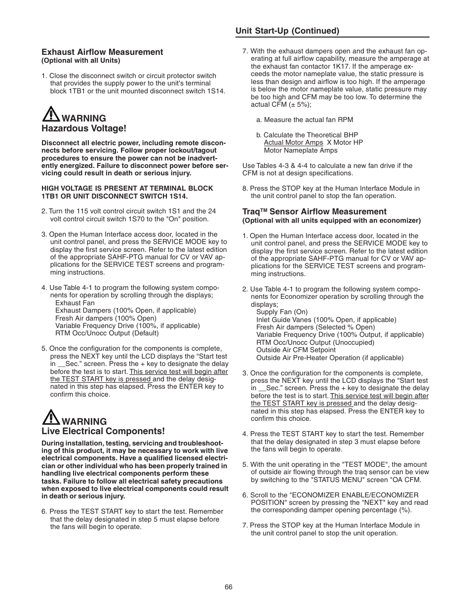 Warning hazardous voltage, Warning live electrical components | Trane INTELLIPAK ™ ™ ™ ™ ™ Commercial Single-Zone Rooftop Air Conditioners with CV or VAV Control User Manual | Page 68 / 118