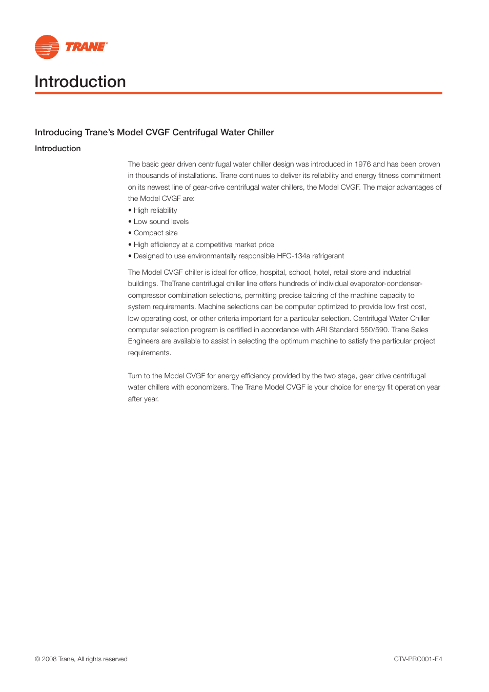 Introduction | Trane Centrifugal Water Chillers CVGF User Manual | Page 2 / 28