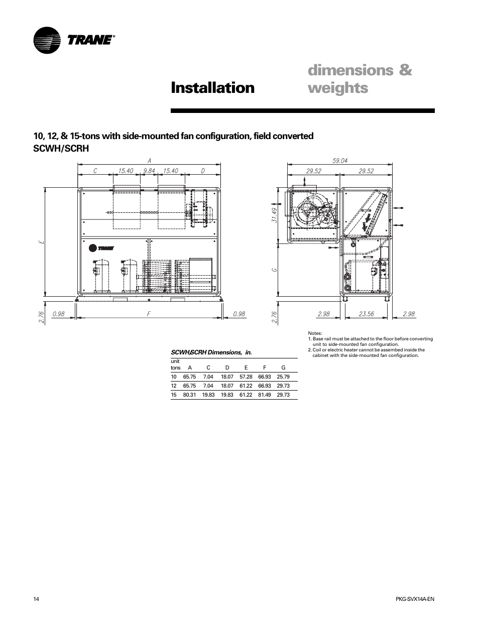 Dimensions & weights installation | Trane SCWH User Manual | Page 14 / 36