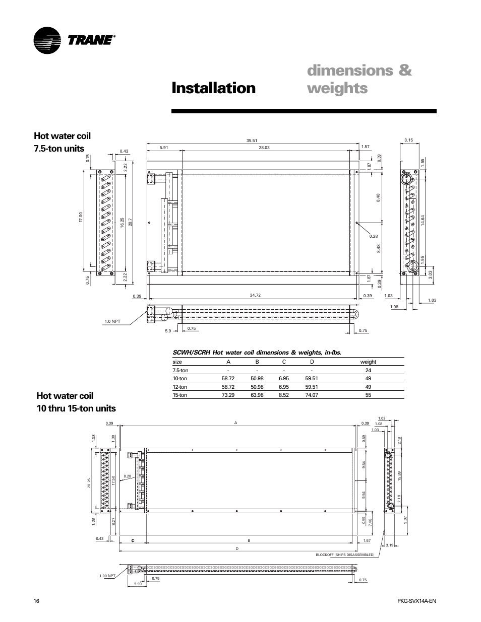 Dimensions & weights installation, Hot water coil 10 thru 15-ton units, Hot water coil 7.5-ton units | Trane SCWH User Manual | Page 16 / 36