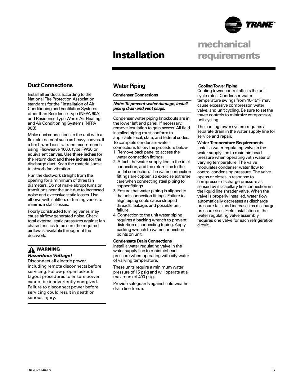 Mechanical requirements, Installation | Trane SCWH User Manual | Page 17 / 36