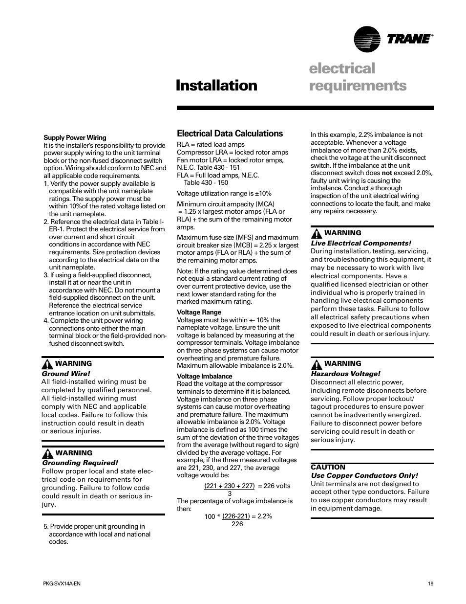 Electrical requirements, Electrical requirements installation, Electrical data calculations | Trane SCWH User Manual | Page 19 / 36