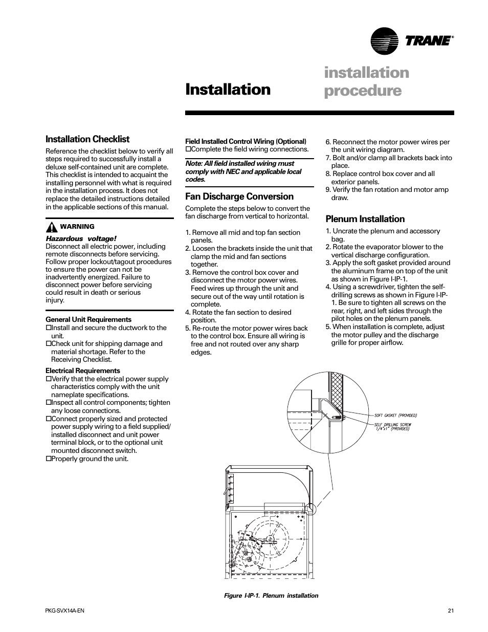 Installation procedure, Installation procedure installation, Installation checklist | Fan discharge conversion, Plenum installation | Trane SCWH User Manual | Page 21 / 36