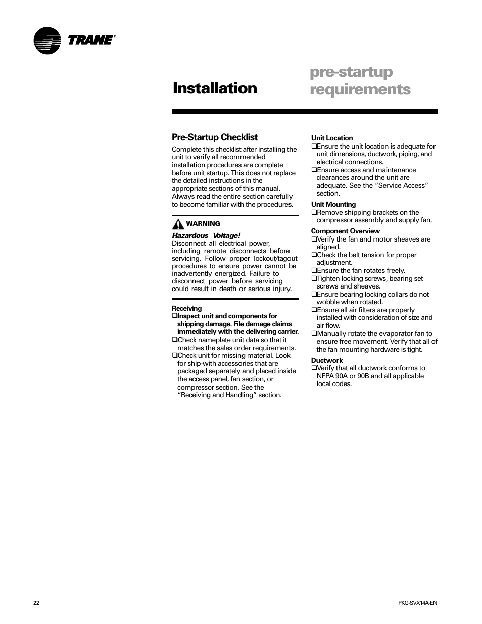 Pre-startup requirements, Pre-startup requirements installation | Trane SCWH User Manual | Page 22 / 36
